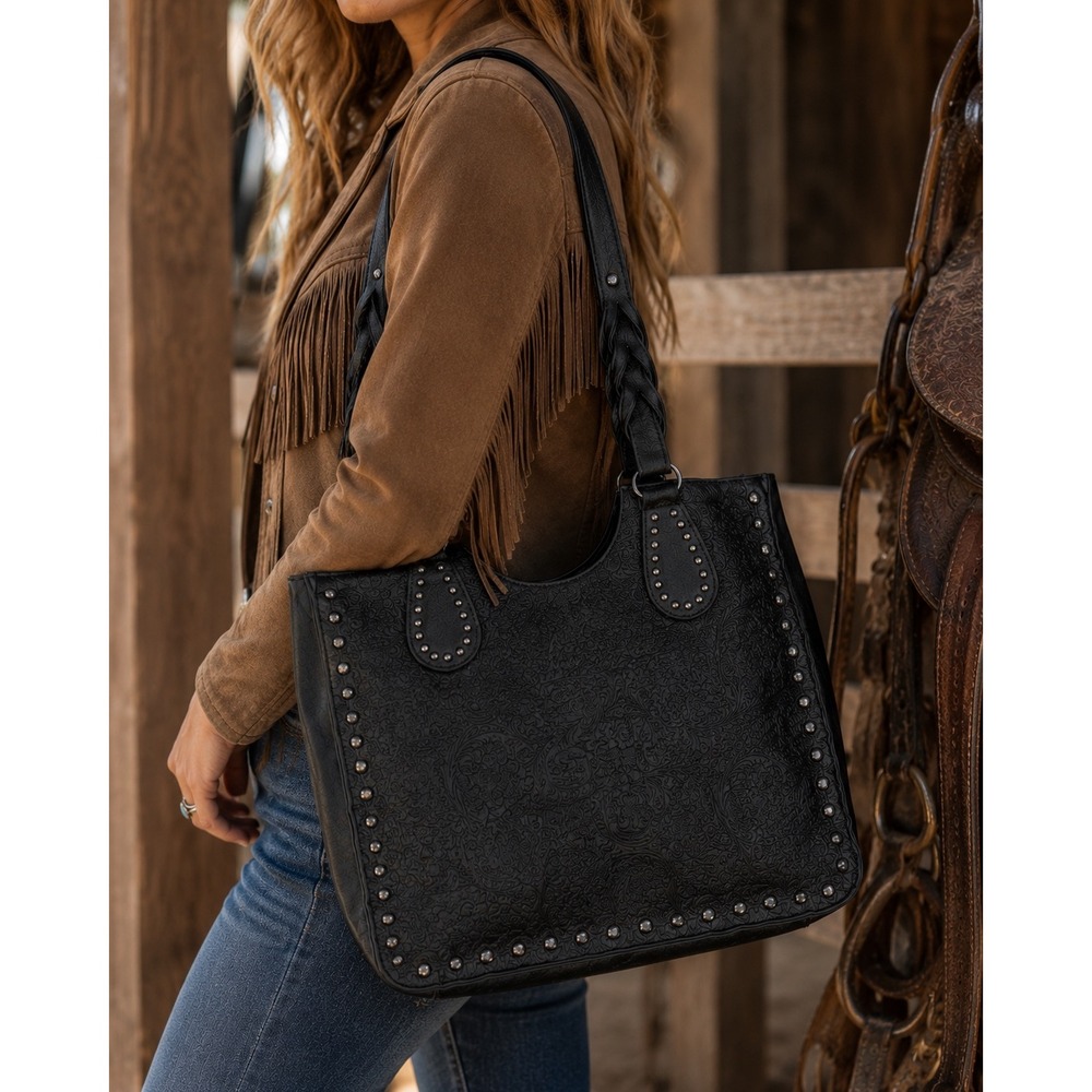 Sam & Hadley Black Embossed Floral Western Studded Tote Bag Braided Straps